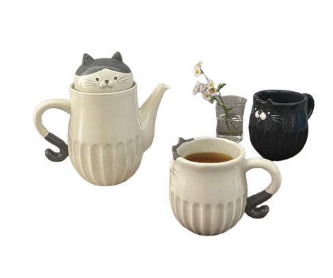 貓咪茶壺（灰白貓）