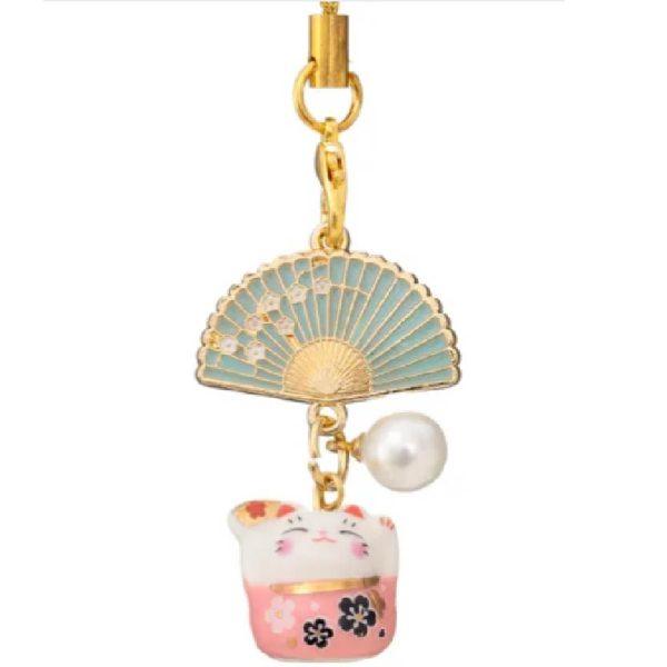 扇子與櫻花吊飾陶器招財貓掛件日本製