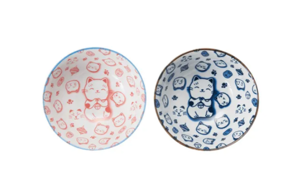 日本製 立郎丸貓咪 4.8吋 多用途丼飯碗雙入組（藍色・紅色）附筷子